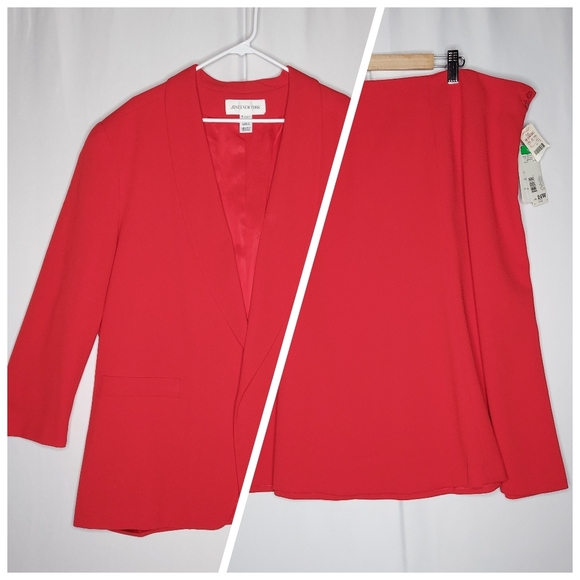 Jones New York Skirt Suit Set 22W 24W Women Red Aline Midi Open Front Lined